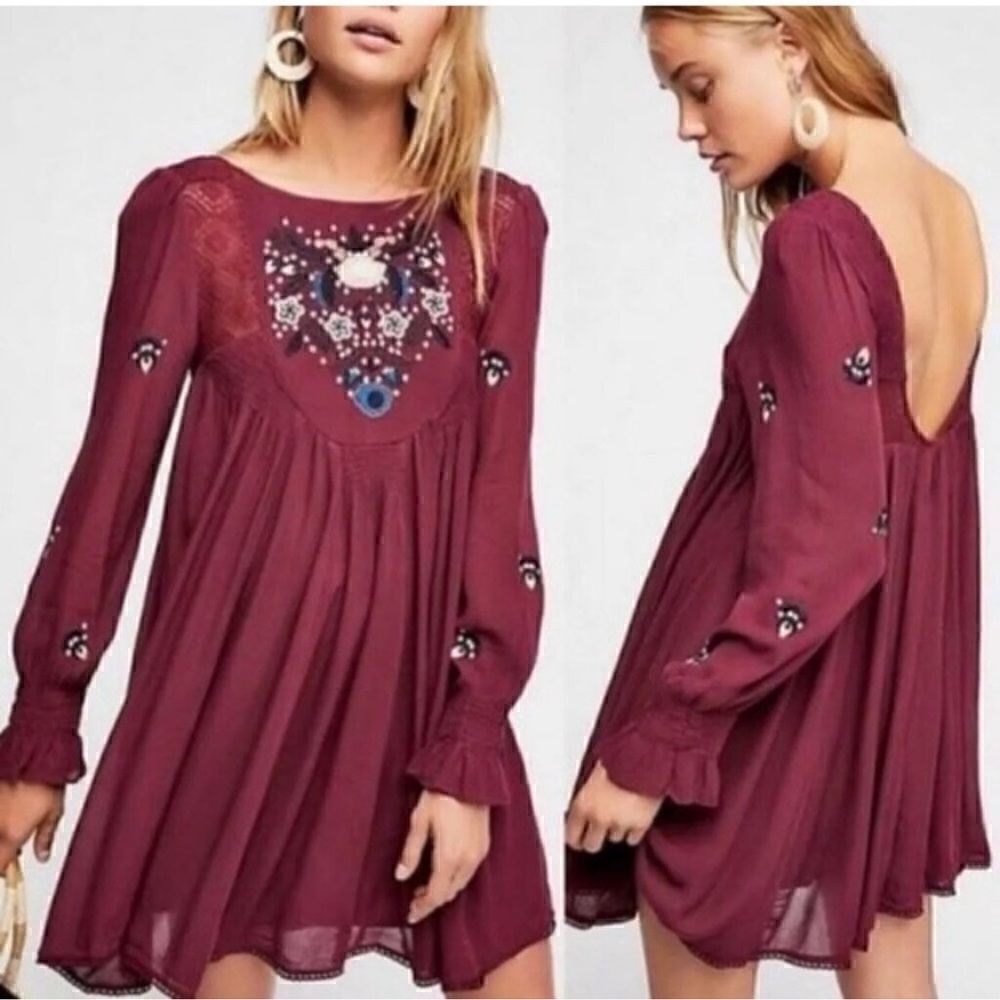 Free People-Maroon Mohave Embroidered Woven Low Back Boho Mini Dress, Size Small